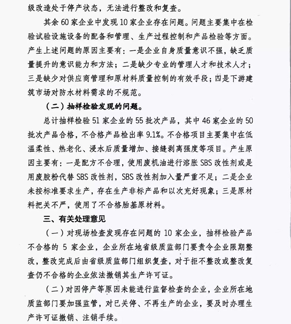 2017防水卷材專項(xiàng)督查結(jié)果:10家企業(yè)有問題!5批次產(chǎn)品不合格!